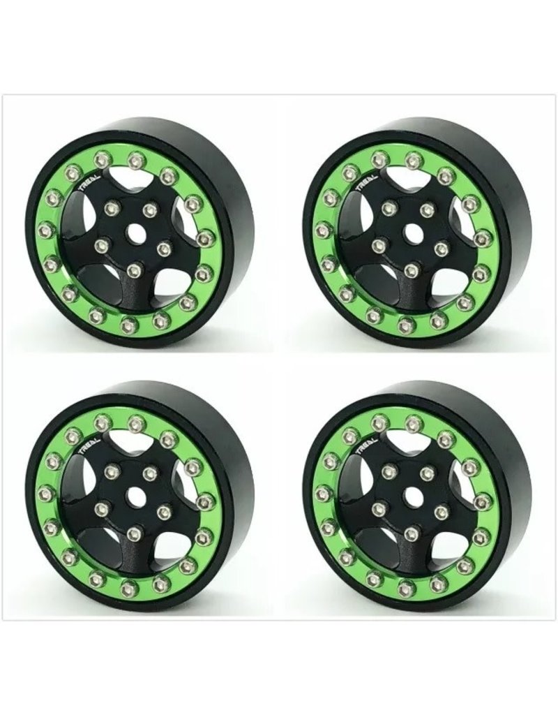 TREAL TRLX002T7GHJL 1.0 BEADLOCK WHEELS FOR SCX24 W/BRASS RINGS B-TYPE GREEN/BLACK