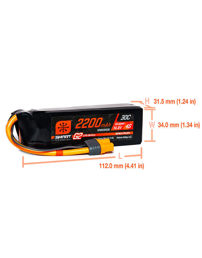 SPEKTRUM SPMX224S30 4S LIPO 14.8V 2200MAH 30C SMART G2 BATTERY: IC3