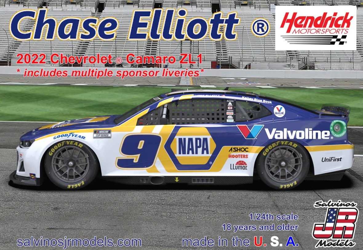 SJMHMC2022CEM HENDRICK MOTORSPORTS CHASE ELLIOTT 2022 CAMARO-MULTIPLE LIVERIES PLASTIC MODEL KIT