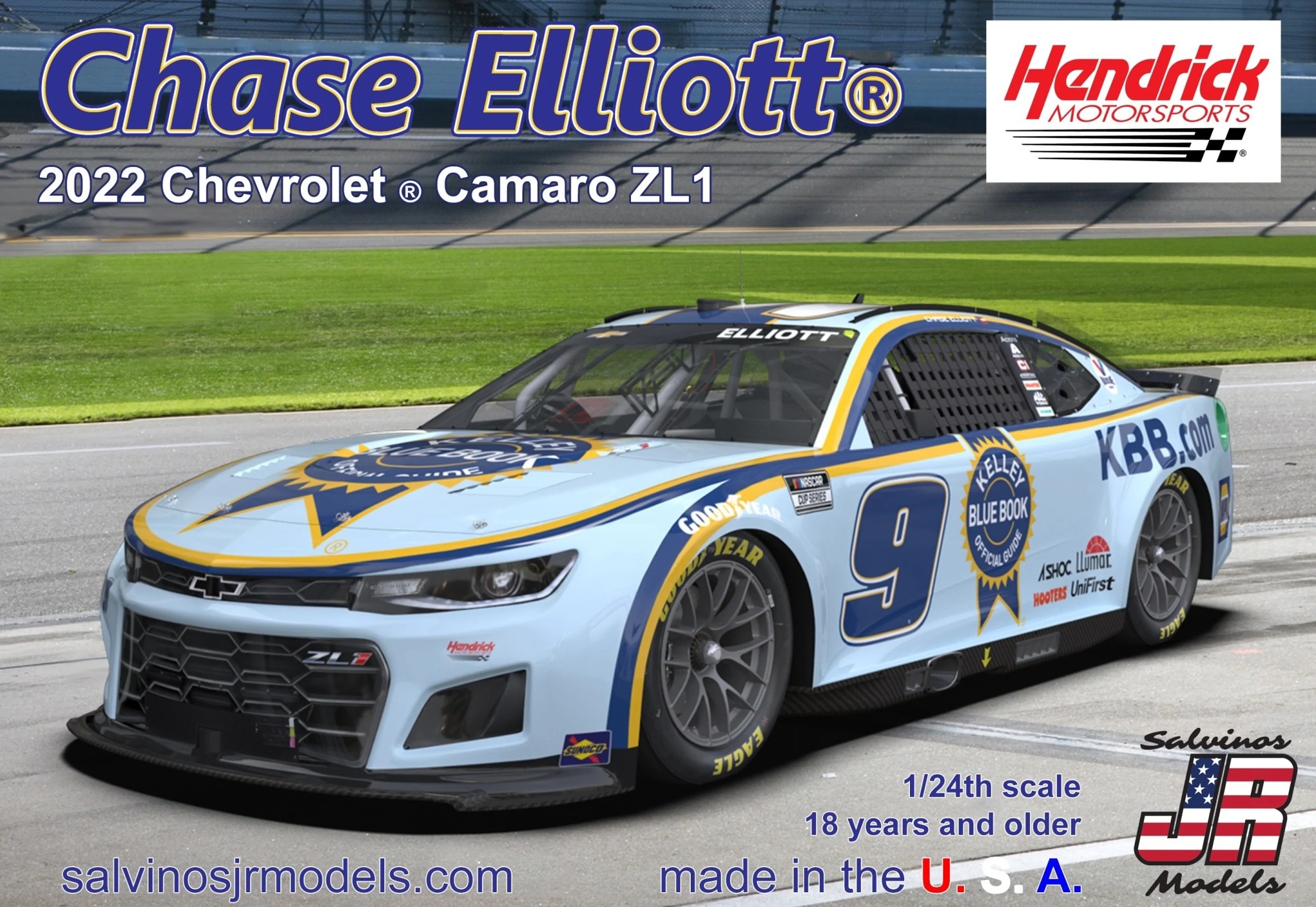 SJMHMC2022CEK HENDRICK MOTORSPORTS CHASE ELLIOTT 2022 CAMARO-KELLEY BLUE BOOK PLASTIC MODEL KIT