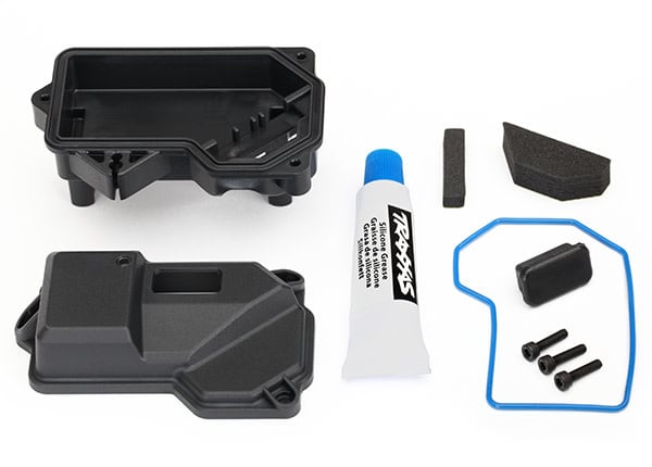 TRA8324 BOX, RECEIVER (SEALED) (STEERING SERVO MOUNT)/ RECEIVER COVER/ ACCESS PLUG/ FOAM PADS/ SILICONE GREASE/ 2.5X10 CS (3)
