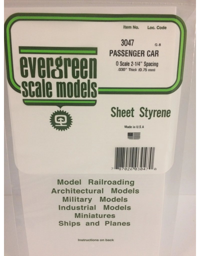 EVERGREEN EVG3047 PASSENGER CAR O SCALE 2-1/4 SPACING .030 THICKNESS