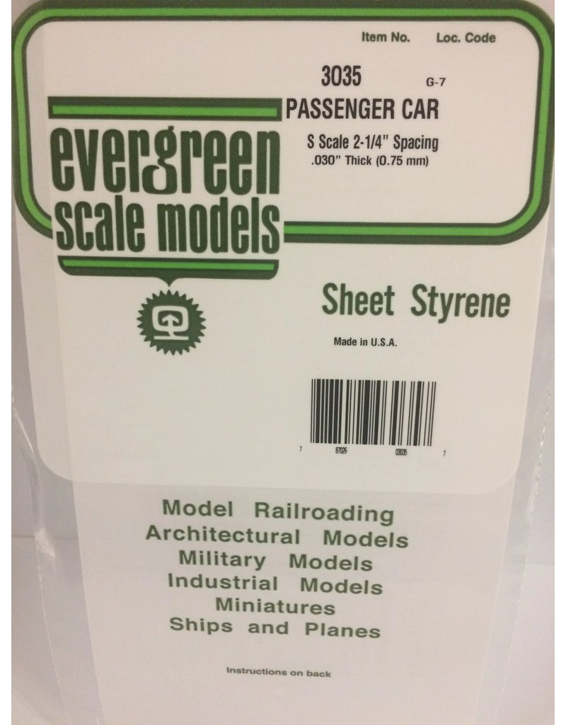 EVERGREEN EVG3035 PASSENGER CAR S SCALE 2-1/4 SPACING .030 THICKNESS