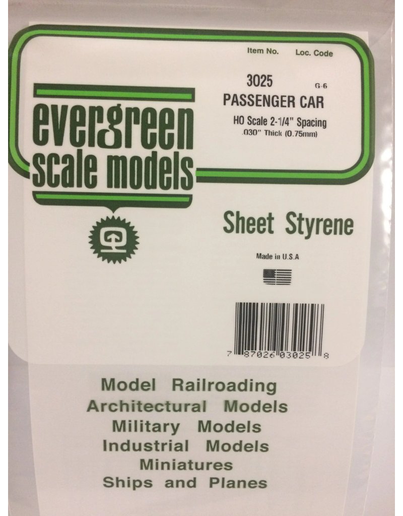 EVERGREEN EVG3025 PASSENGER CAR HO SCALE 2-1/4 SPACING .030 THICKNESS