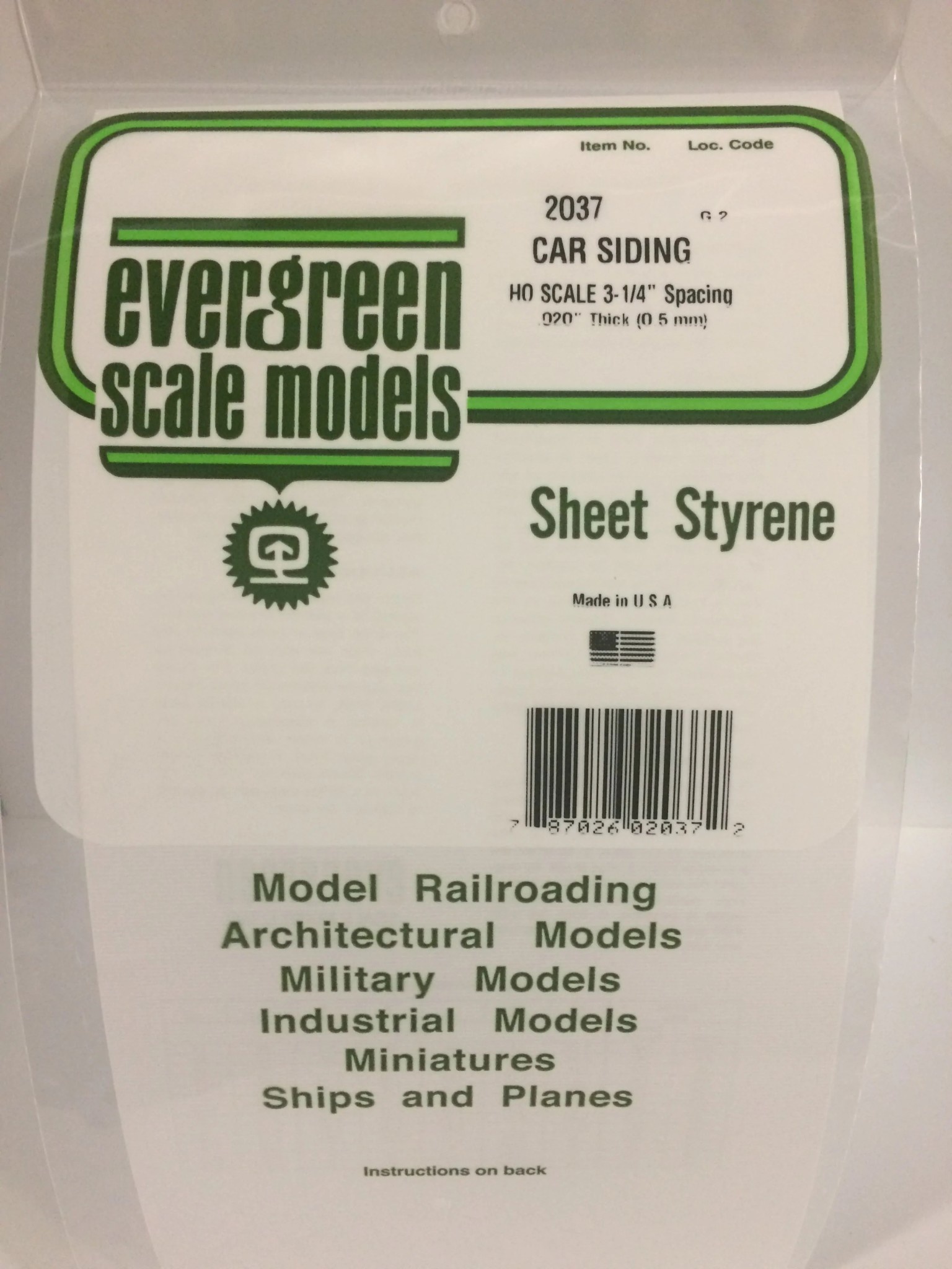 2037 Styrene Car Siding - 6 x 12" Sheet; Scale 3-1/4" Spacing