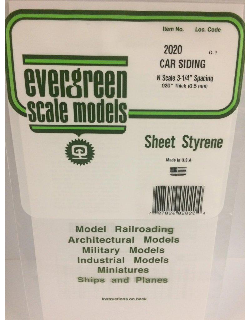 EVERGREEN EVG2020 CAR SIDING N SCALE 3-1/4 SPACING .020 THICKNESS