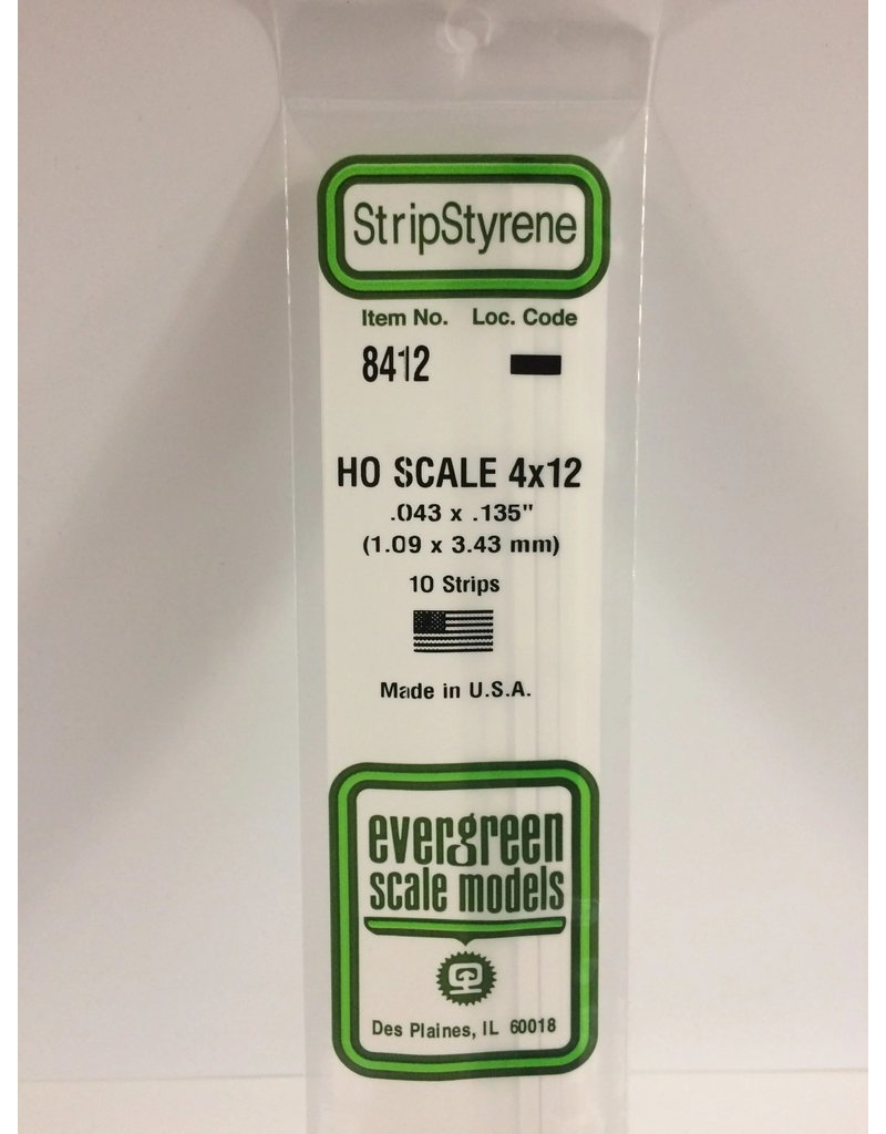 EVERGREEN EVG8412 HO SCALE 4X12 .043X.135 STRIPS 10PC