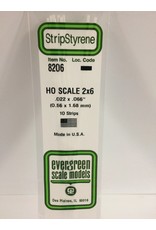 EVERGREEN EVG8206 HO SCALE 2X6 .022X.066 STRIPS 10PC