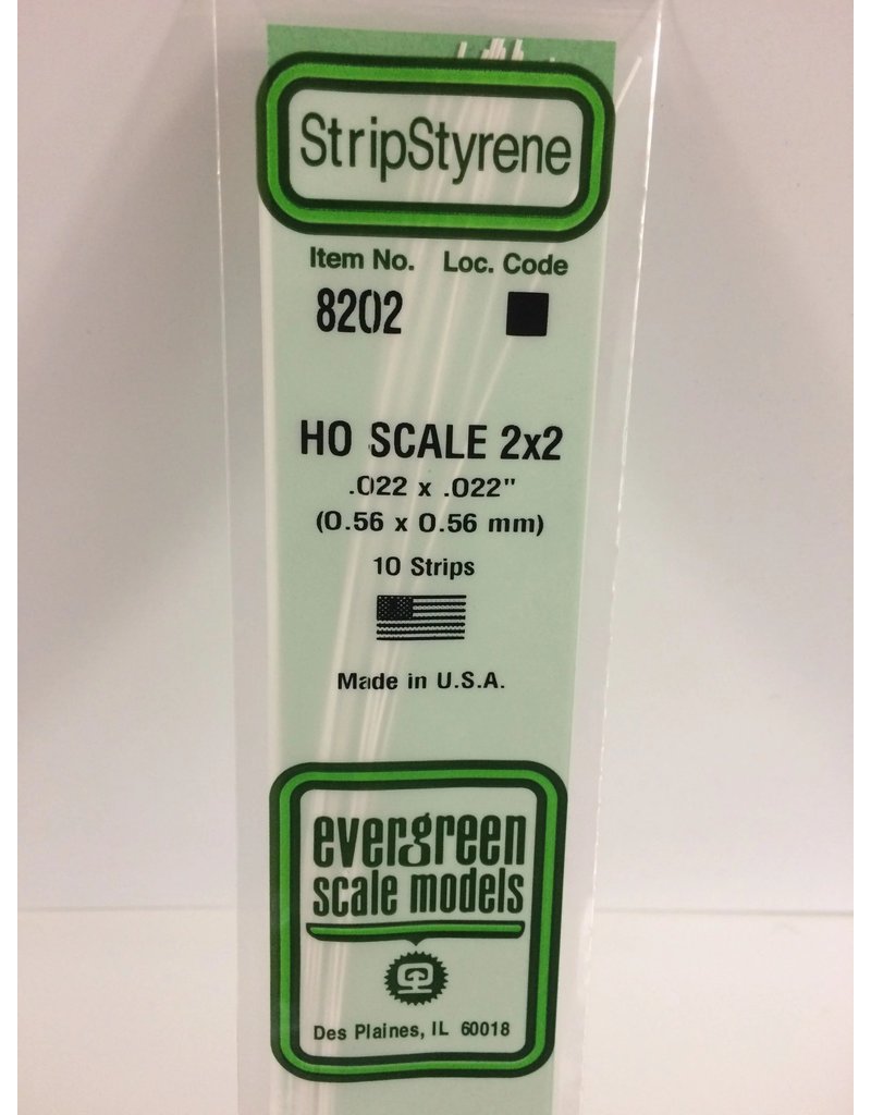 EVERGREEN EVG8202 HO SCALE 2X2 .022X.022 STRIPS 10PC