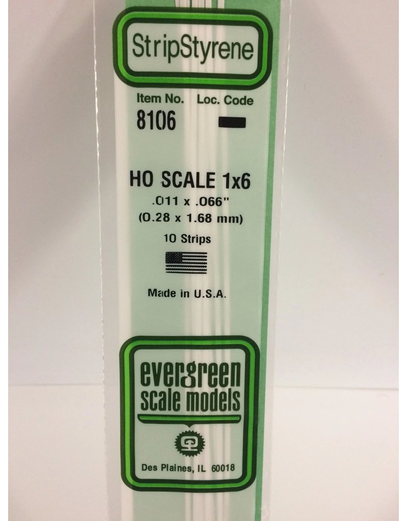 EVERGREEN EVG8106 HO SCALE 1X6 .011X.066 STRIPS 10PC