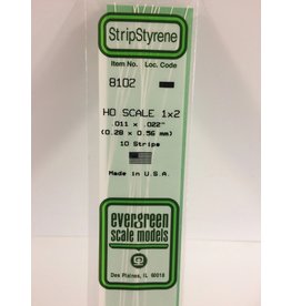 EVERGREEN EVG8102 HO SCALE 1X2 .011X.022 STRIPS 10PC