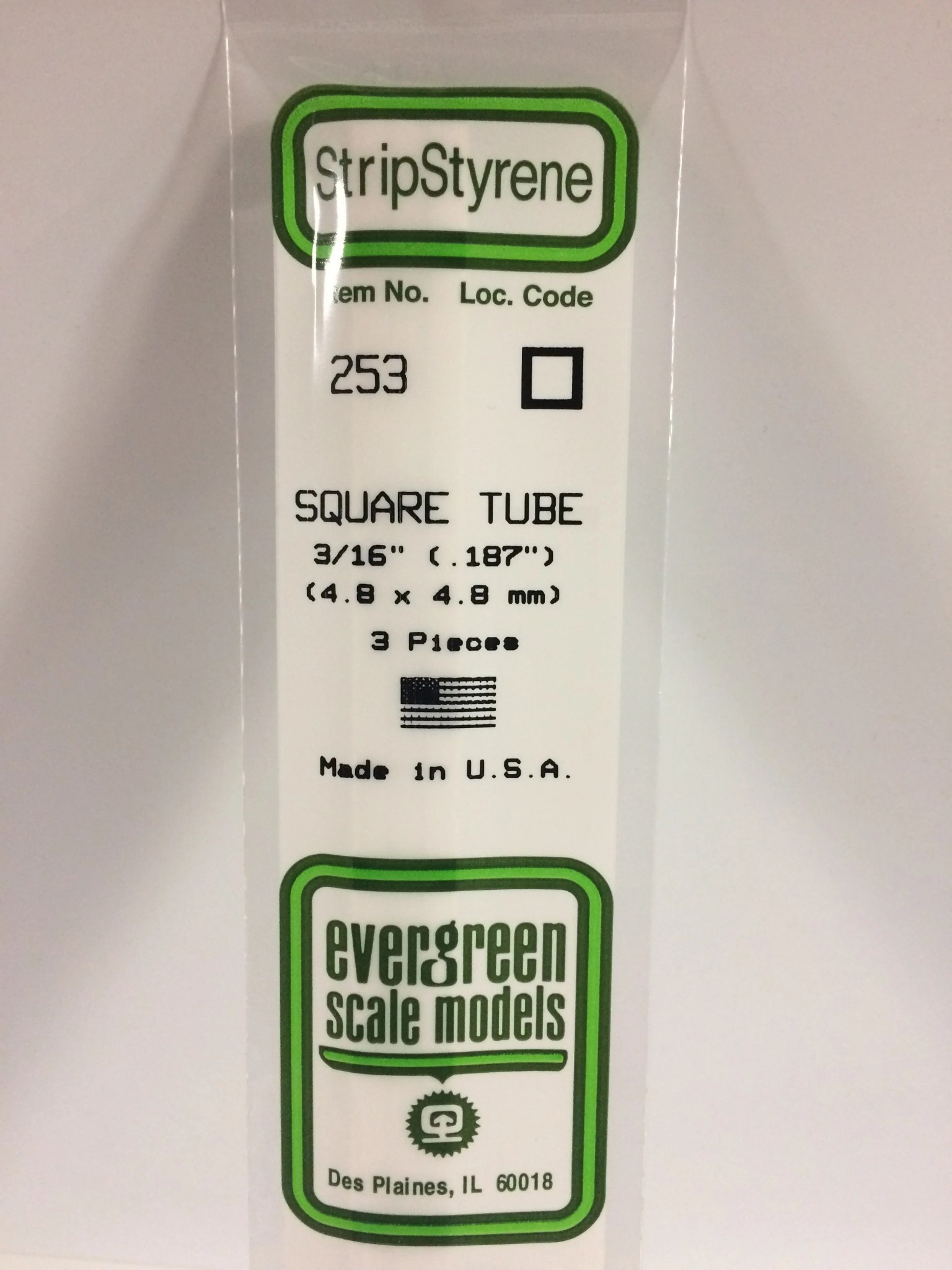 253 Styrene Square Tube .187" 3/