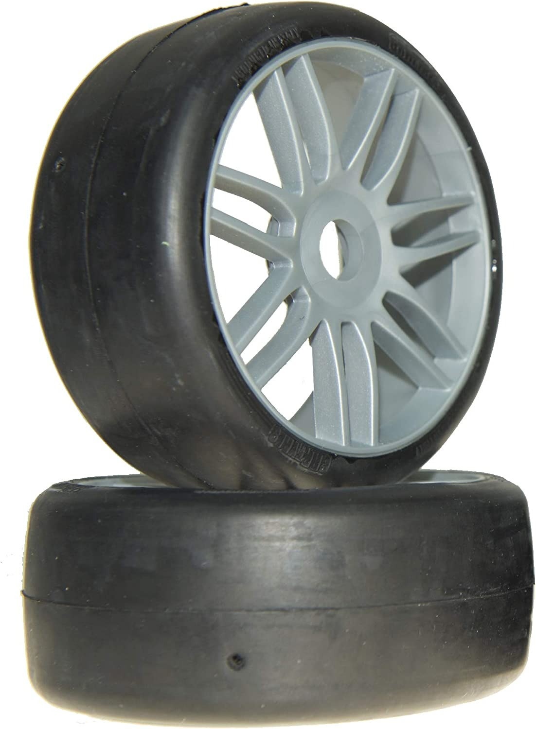 GTK02-S7 SLICK BELTED PRE-MOUNTED 1/8 BUGGY TIRES (SILVER) (2)