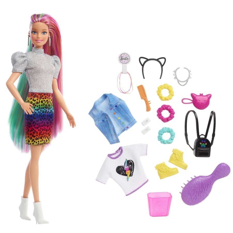 MTL GRN80/GRN81 BARBIE LEOPARD RAINBOW HAIR DOLL - RAINBOW SKIRT