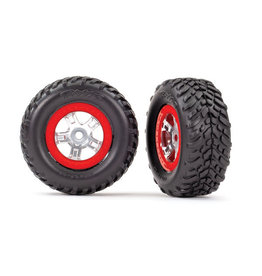 TRAXXAS TRA7073A TIRES AND WHEELS, ASSEMBLED, GLUED (SCT SATIN CHROME WHEELS, RED BEADLOCK STYLE, SCT OFF-ROAD RACING TIRES, FOAM INSERTS) (1 EACH, RIGHT & LEFT)