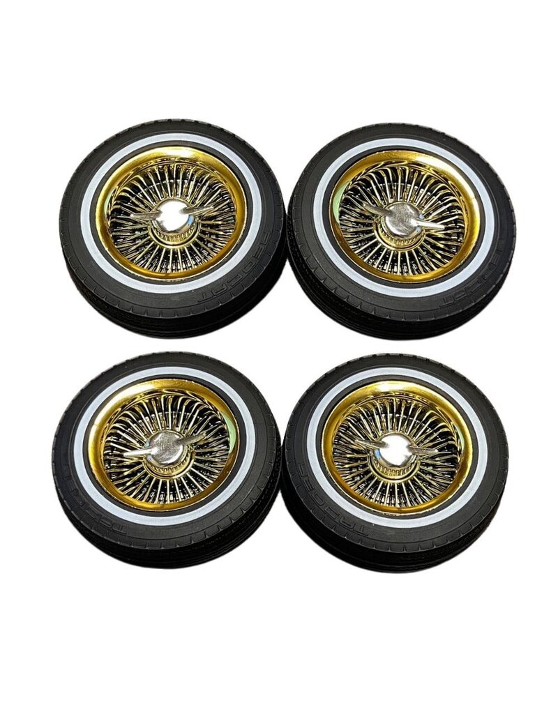 REDCAT RACING RER14434 WHITE WALL LOW PRO TIRES AND WHEELS W/ KNOCKOFF AND WHEEL NUTS GOLD 4PCS