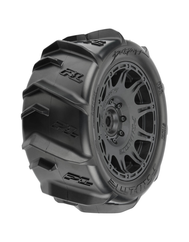 PROLINE RACING PRO1020211 1/6 DUMONT SAND/SNOW F/R 5.7” TIRES MTD 24MM BLACK RAID 8X48 HEX (2)