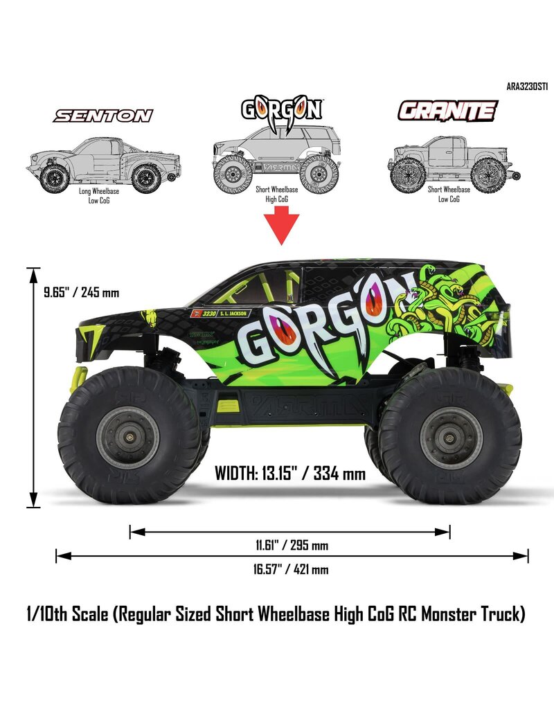 ARRMA ARA3230ST1 GORGON 1/10 SCALE 2WD MONSTER TRUCK 550 MEGA RTR: YELLOW/ GREEN