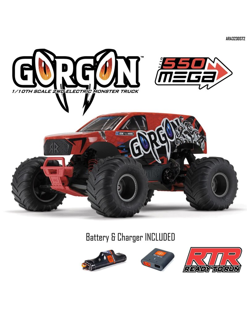 ARRMA ARA3230ST2 GORGON 1/10 SCALE 2WD MONSTER TRUCK 550 MEGA RTR: RED