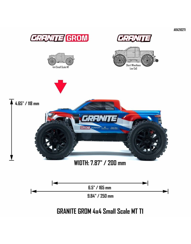 ARRMA ARA2102T1 1/18 GRANITE GROM MEGA 380 BRUSHED 4X4 MONSTER TRUCK RTR WITH BATTERY & CHARGER BLUE