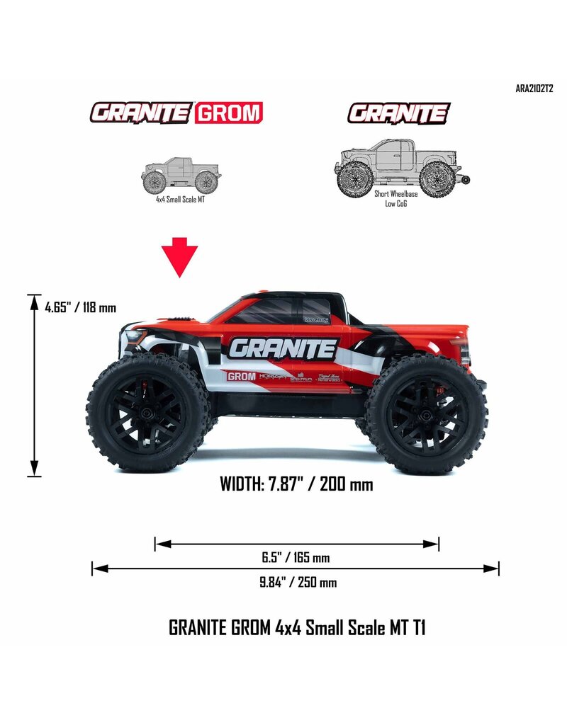 ARRMA ARA2102T2 1/18 GRANITE GROM MEGA 380 BRUSHED 4X4 MONSTER TRUCK RTR WITH BATTERY & CHARGER RED