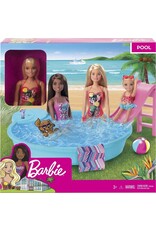 BARBIE MTL GHL91 BARBIE DOLL AND POOL PLAYSET WITH PINK SLIDE, BEVERAGE ACCESSORIES AND TOWEL: BLONDE DOLL IN TROPICAL SWIMSUIT