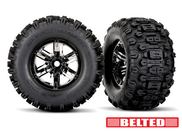 7871X - X-MAXX Sledgehammer Tires & Wheels, Belted - Black Chrome