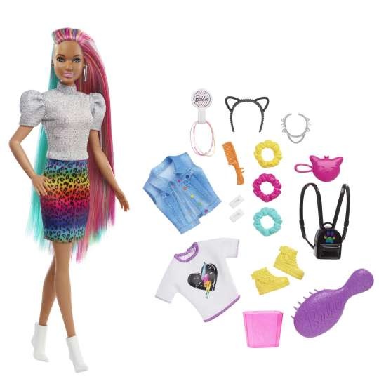 MTL GRN80/HCV99 BARBIE LEOPARD RAINBOW HAIR DOLL (BRUNETTE) WITH COLOR-CHANGE HAIR FEATURE