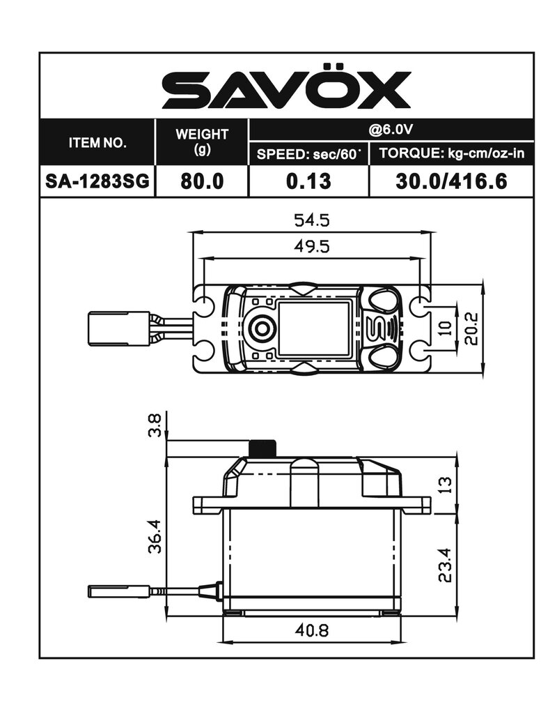 SAVOX SAVSA1283SGP CORELESS METAL CASE DIGITAL SERVO WITH SOFT START, 0.13SEC / 416OZ @ 6V