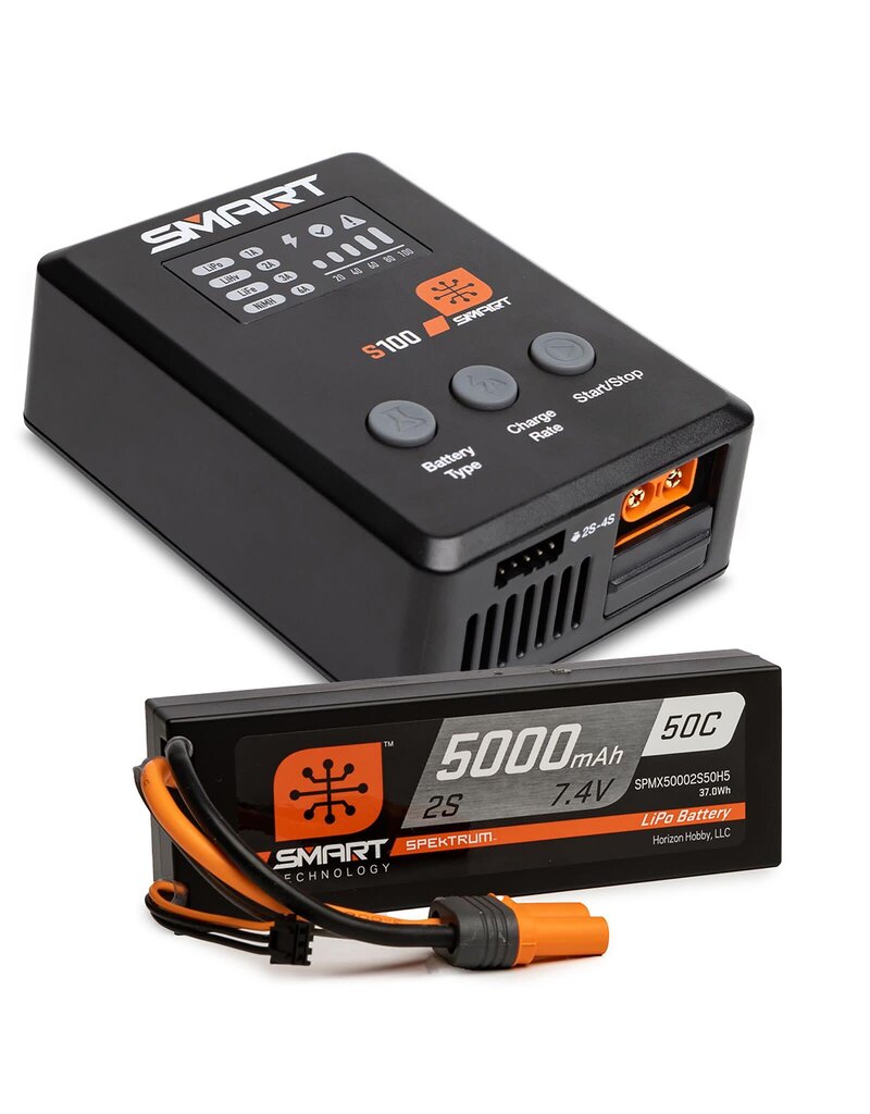 SPEKTRUM SPMX-1032 SMART POWERSTAGE SURFACE BUNDLE: 5000MAH 2S 50C LIPO BATTERY (IC5) / 100W S100 CHARGER