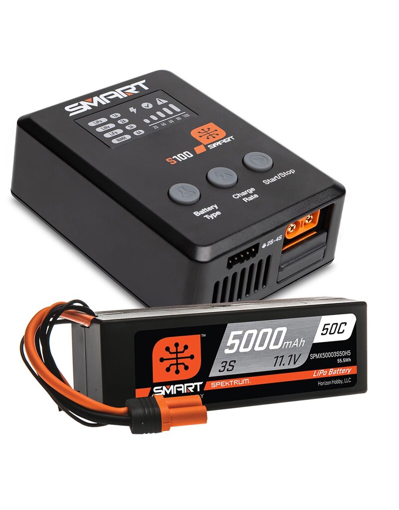 SPEKTRUM SPMX-1034 SMART POWERSTAGE SURFACE BUNDLE 5000MAH 3S 50C LIPO IC5 W/ 100W S100 CHARGER