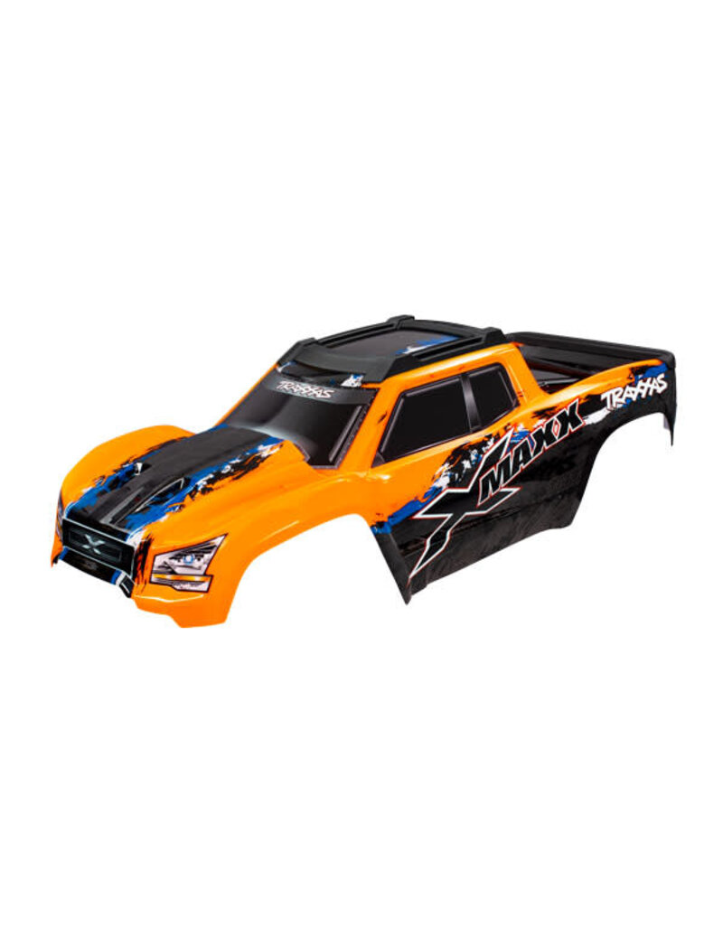 TRAXXAS TRA7811 BODY, X-MAXX , ORANGE (PAINTED, DECALS APPLIED) (ASSEMBLED WITH FRONT & REAR BODY MOUNTS, REAR BODY SUPPORT, AND TAILGATE PROTECTOR)