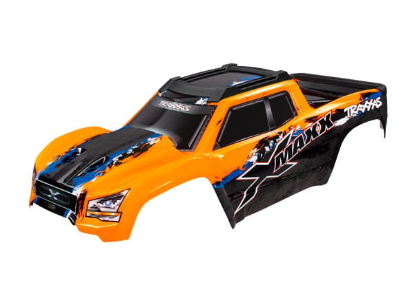 TRA7811 BODY, X-MAXX , ORANGE (PAINTED, DECALS APPLIED) (ASSEMBLED WITH FRONT & REAR BODY MOUNTS, REAR BODY SUPPORT, AND TAILGATE PROTECTOR)