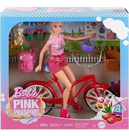 BARBIE MTL HWJ00 BARBIE PINK PASSPORT HOLLAND DOLL SET WITH BICYCLE TRAVEL ACCESSORIES