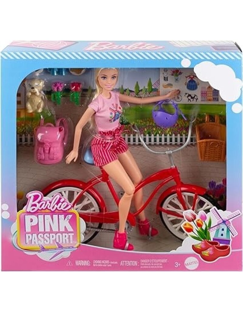 BARBIE MTL HWJ00 BARBIE PINK PASSPORT HOLLAND DOLL SET WITH BICYCLE TRAVEL ACCESSORIES