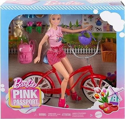 MTL HWJ00 BARBIE PINK PASSPORT HOLLAND DOLL SET WITH BICYCLE TRAVEL ACCESSORIES