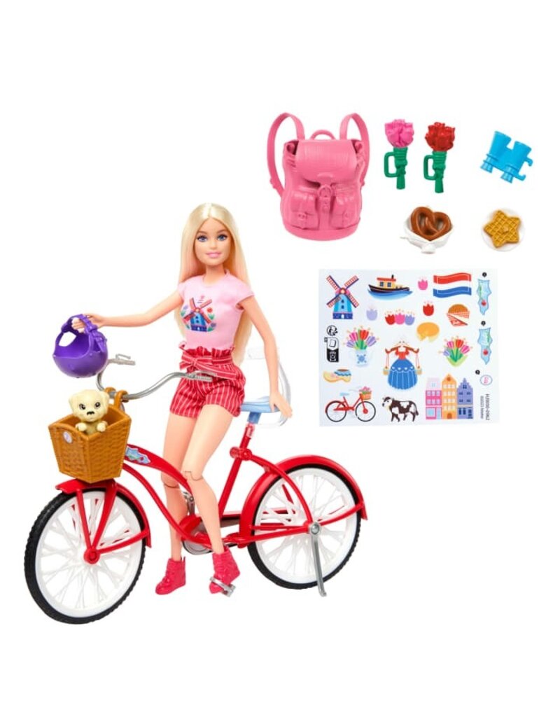 BARBIE MTL HWJ00 BARBIE PINK PASSPORT HOLLAND DOLL SET WITH BICYCLE TRAVEL ACCESSORIES