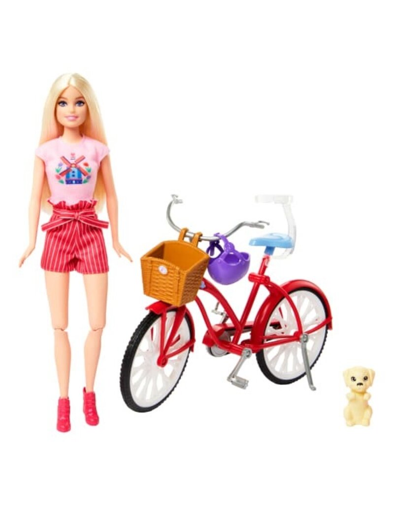 BARBIE MTL HWJ00 BARBIE PINK PASSPORT HOLLAND DOLL SET WITH BICYCLE TRAVEL ACCESSORIES