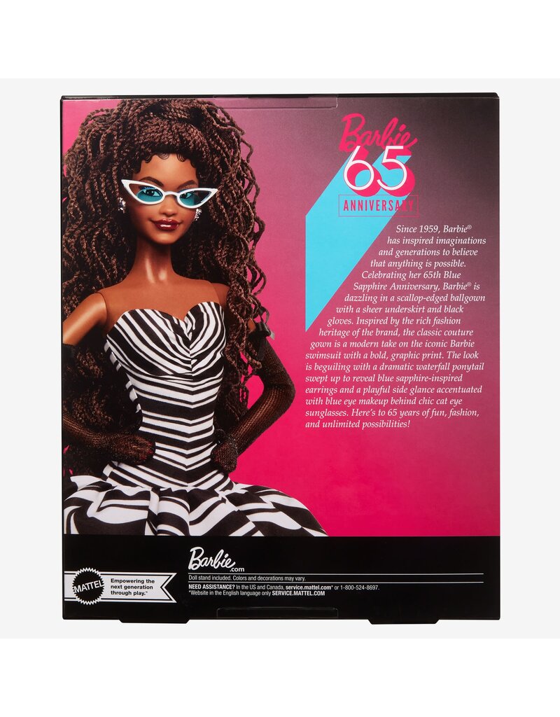 BARBIE MTL HRM59 BARBIE SIGNATURE 65TH BLUE SPAPPHIRE ANNIVERSARY FASHION DOLL WITH BLACK HAIR, BLACK AND WHITE GOWN