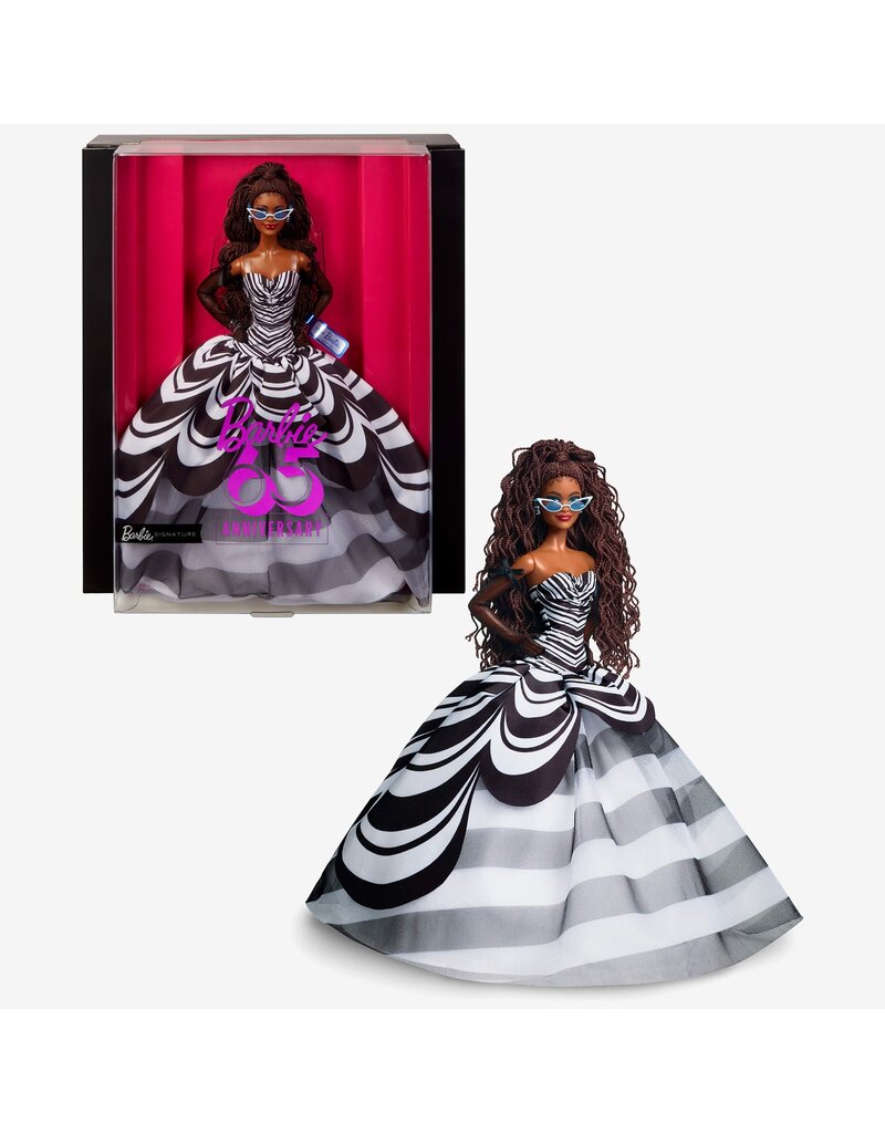 BARBIE MTL HRM59 BARBIE SIGNATURE 65TH BLUE SPAPPHIRE ANNIVERSARY FASHION DOLL WITH BLACK HAIR, BLACK AND WHITE GOWN