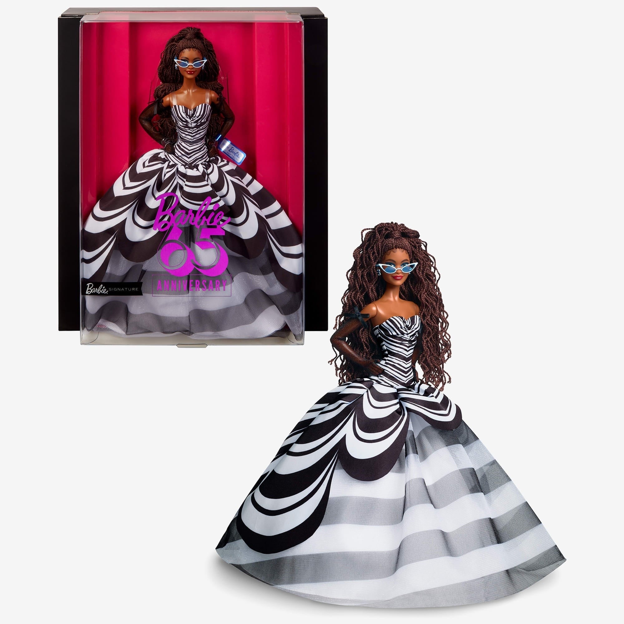 MTL HRM59 BARBIE SIGNATURE 65TH BLUE SPAPPHIRE ANNIVERSARY FASHION DOLL WITH BLACK HAIR, BLACK AND WHITE GOWN