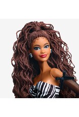 BARBIE MTL HRM59 BARBIE SIGNATURE 65TH BLUE SPAPPHIRE ANNIVERSARY FASHION DOLL WITH BLACK HAIR, BLACK AND WHITE GOWN