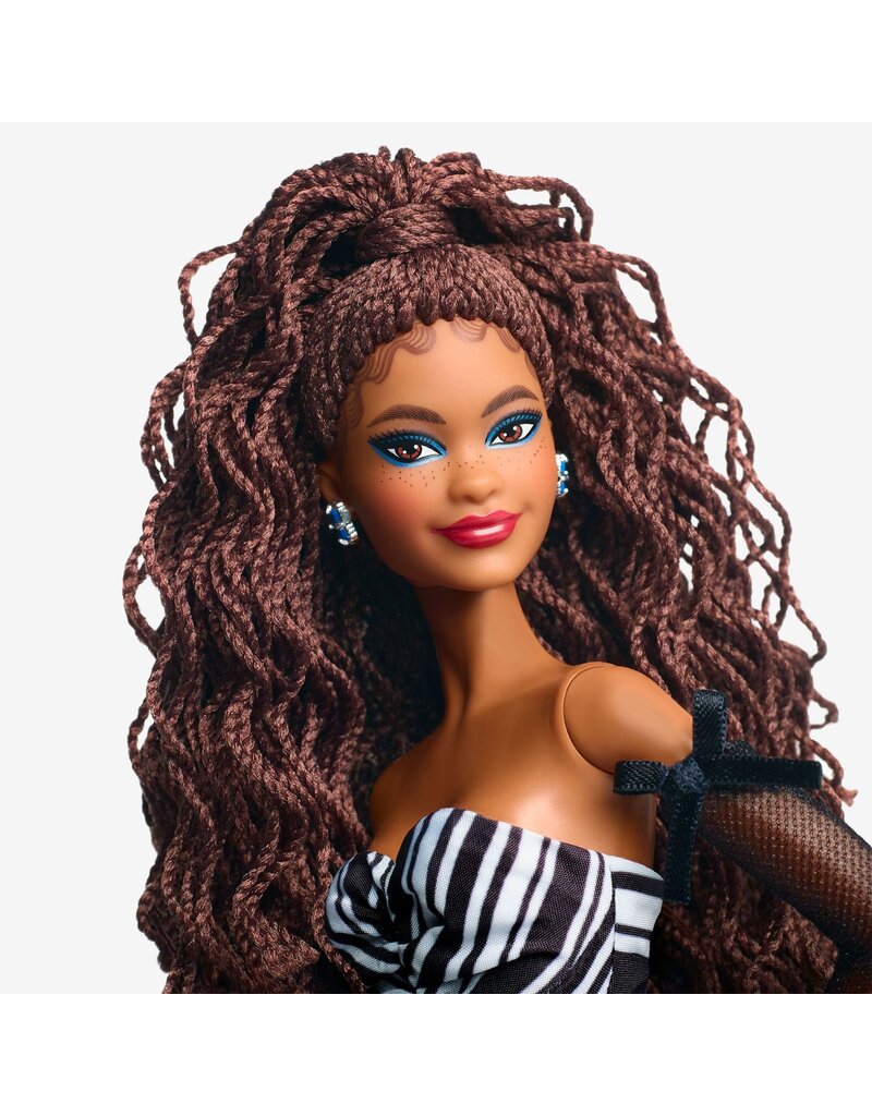 BARBIE MTL HRM59 BARBIE SIGNATURE 65TH BLUE SPAPPHIRE ANNIVERSARY FASHION DOLL WITH BLACK HAIR, BLACK AND WHITE GOWN