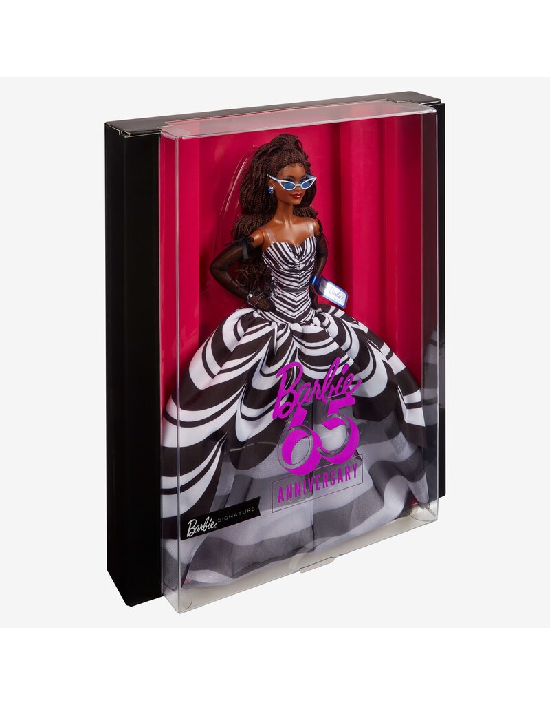 BARBIE MTL HRM59 BARBIE SIGNATURE 65TH BLUE SPAPPHIRE ANNIVERSARY FASHION DOLL WITH BLACK HAIR, BLACK AND WHITE GOWN