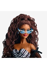 BARBIE MTL HRM59 BARBIE SIGNATURE 65TH BLUE SPAPPHIRE ANNIVERSARY FASHION DOLL WITH BLACK HAIR, BLACK AND WHITE GOWN