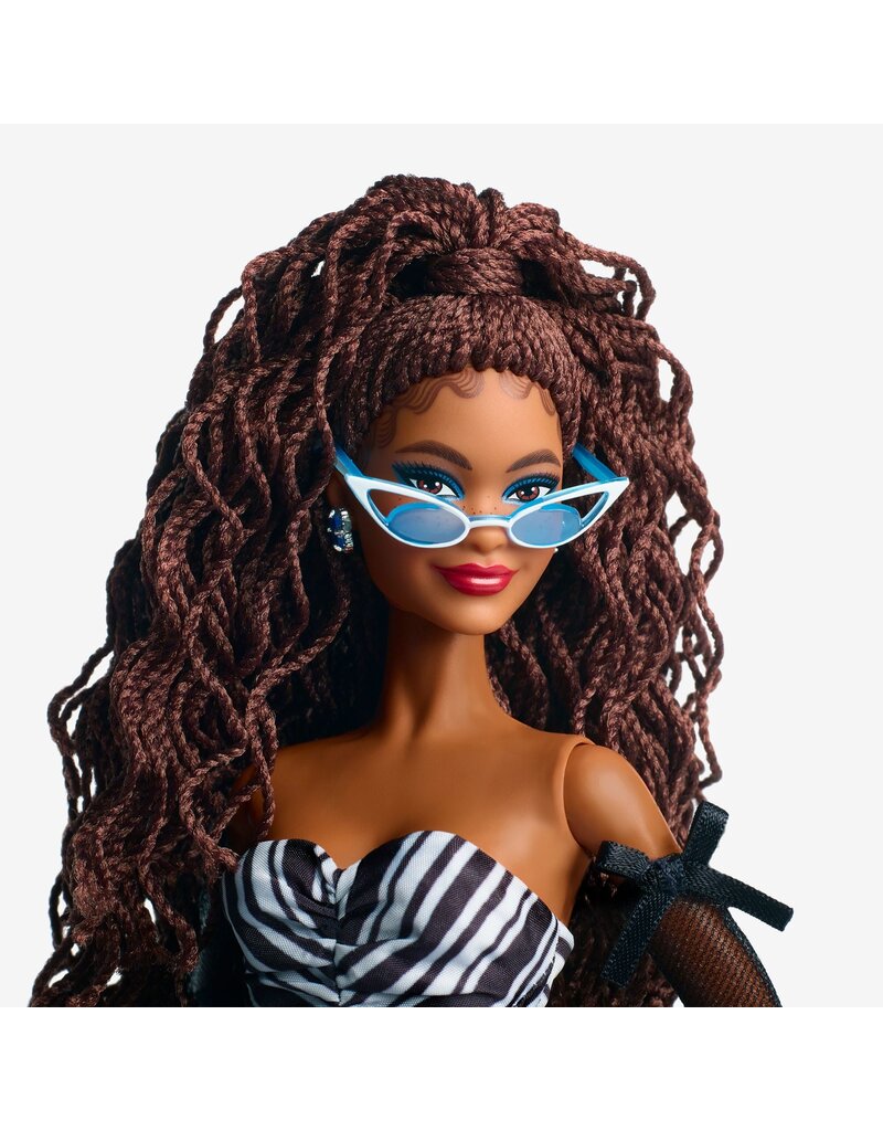BARBIE MTL HRM59 BARBIE SIGNATURE 65TH BLUE SPAPPHIRE ANNIVERSARY FASHION DOLL WITH BLACK HAIR, BLACK AND WHITE GOWN