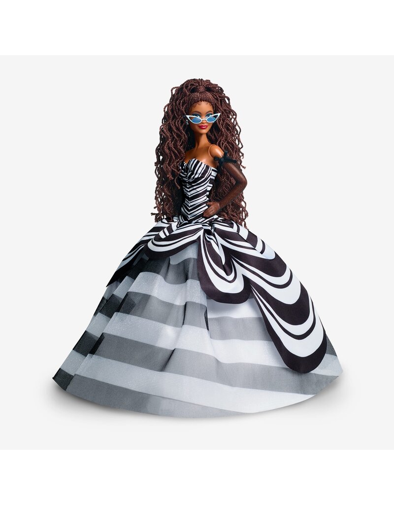 BARBIE MTL HRM59 BARBIE SIGNATURE 65TH BLUE SPAPPHIRE ANNIVERSARY FASHION DOLL WITH BLACK HAIR, BLACK AND WHITE GOWN