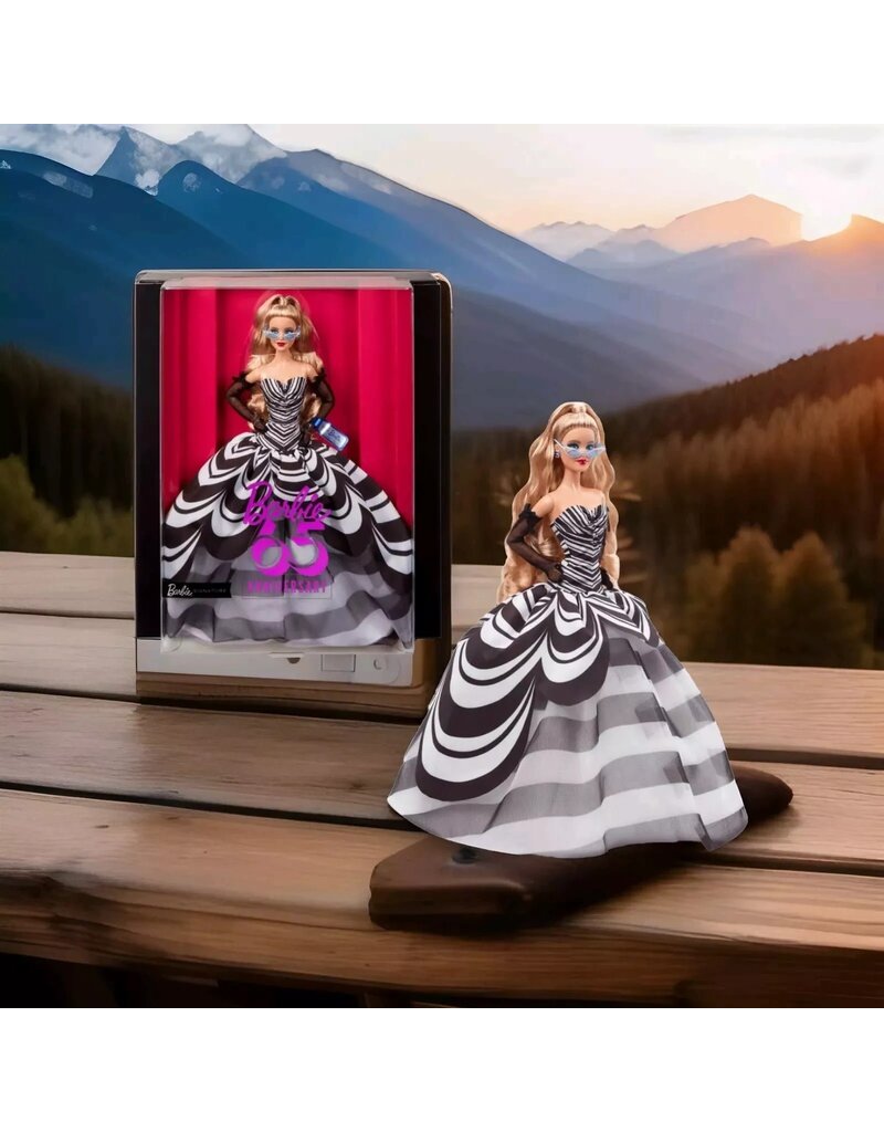BARBIE MTL HRM58 BARBIE SIGNATURE 65TH BLUE SPAPPHIRE ANNIVERSARY FASHION DOLL WITH BLONDE HAIR, BLACK AND WHITE GOWN