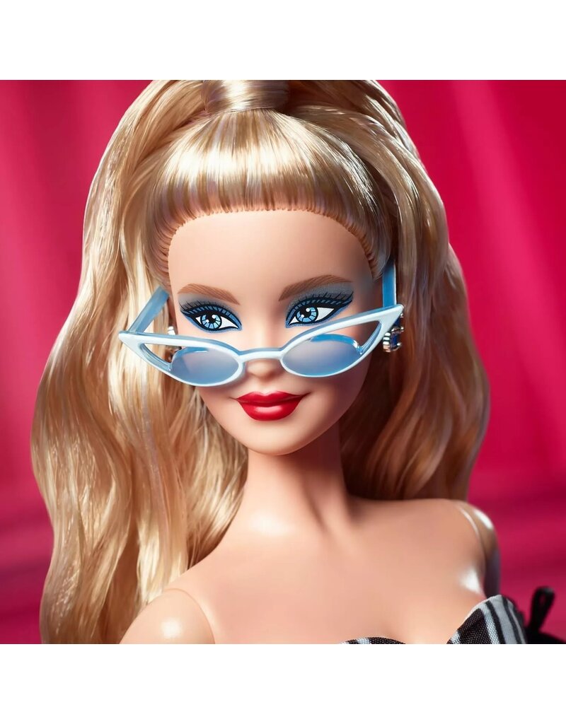 BARBIE MTL HRM58 BARBIE SIGNATURE 65TH BLUE SPAPPHIRE ANNIVERSARY FASHION DOLL WITH BLONDE HAIR, BLACK AND WHITE GOWN