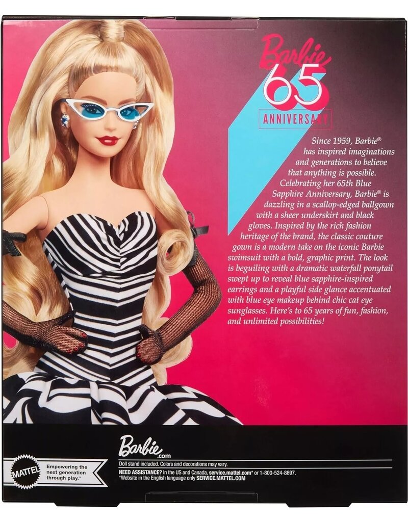 BARBIE MTL HRM58 BARBIE SIGNATURE 65TH BLUE SPAPPHIRE ANNIVERSARY FASHION DOLL WITH BLONDE HAIR, BLACK AND WHITE GOWN